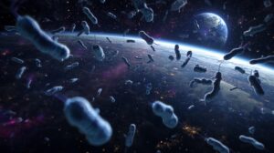 Ilustração científica de bactérias extremófilas sobrevivendo ao espaço sideral