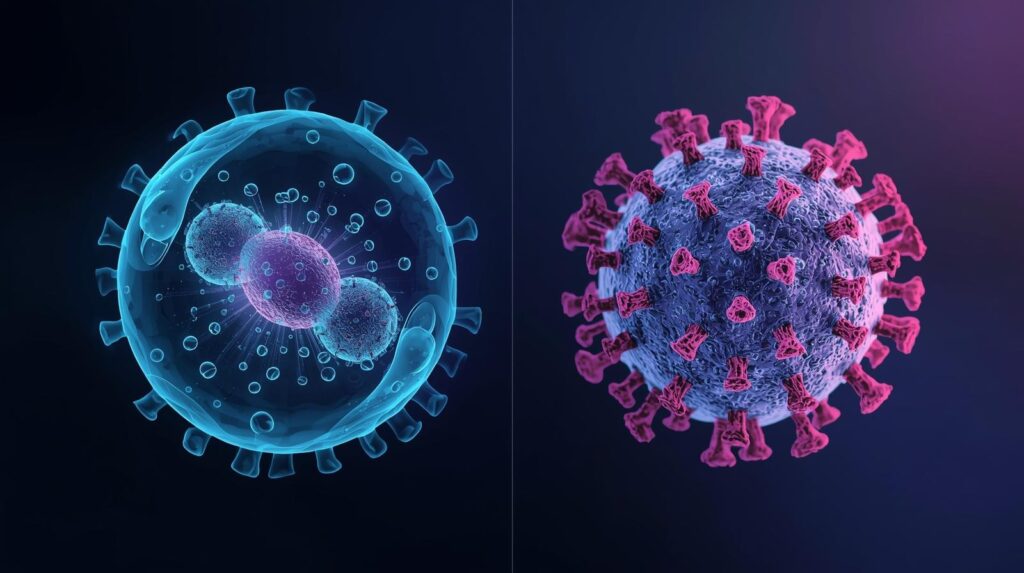 Comparação entre bactéria e vírus mostrando diferenças estruturais