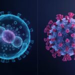 Comparação entre bactéria e vírus mostrando diferenças estruturais