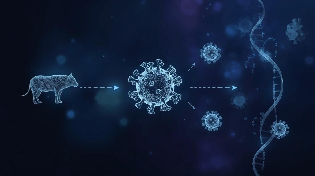Ilustração científica mostrando a origem de novas doenças por mutações e zoonoses