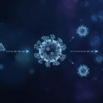 Ilustração científica mostrando a origem de novas doenças por mutações e zoonoses