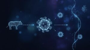 Ilustração científica mostrando a origem de novas doenças por mutações e zoonoses