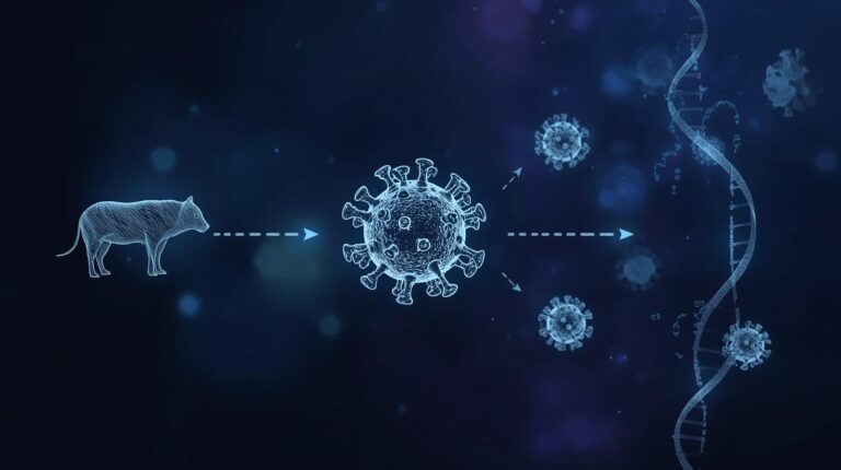 Ilustração científica mostrando a origem de novas doenças por mutações e zoonoses