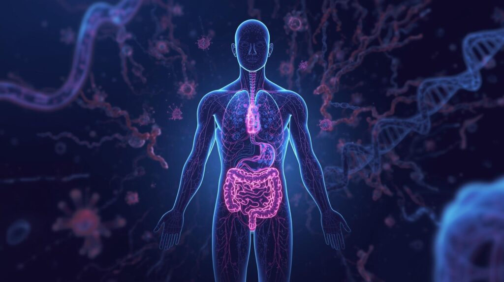 Ilustração científica do corpo humano como um microverso de processos celulares