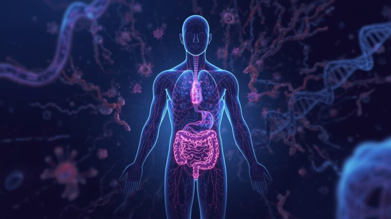 Ilustração científica do corpo humano como um microverso de processos celulares