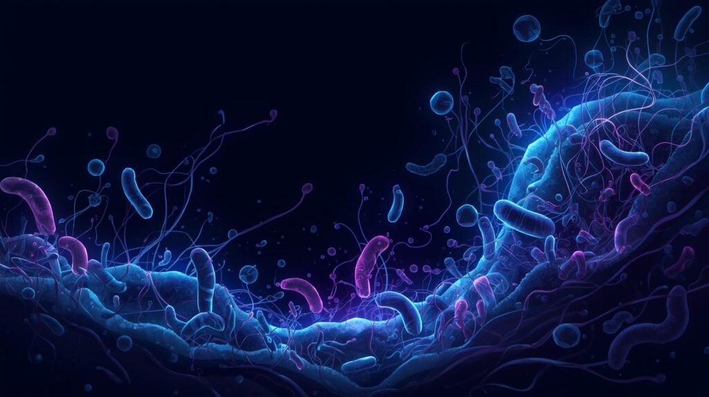 Ilustração da microbiota humana mostrando bactérias benéficas vivendo em equilíbrio no corpo