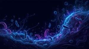 Ilustração da microbiota humana mostrando bactérias benéficas vivendo em equilíbrio no corpo