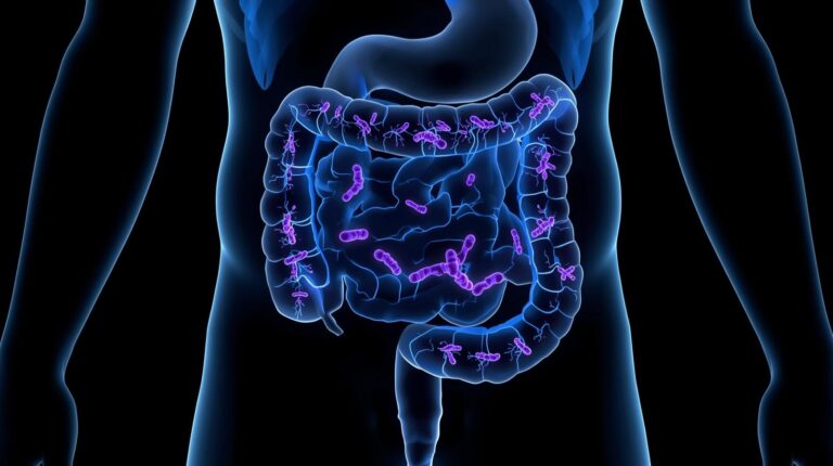 Ilustração científica da microbiota humana no intestino