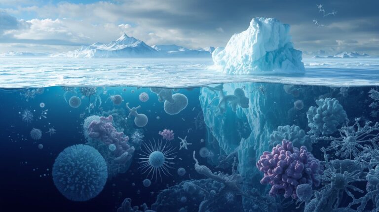 Microrganismos polares representados em ambiente de gelo, ilustrando a relação entre microbiologia polar e mudanças climáticas.