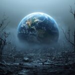 Ilustração científica representando o impacto da ausência de bactérias nos ecossistemas da Terra