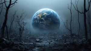 Ilustração científica representando o impacto da ausência de bactérias nos ecossistemas da Terra