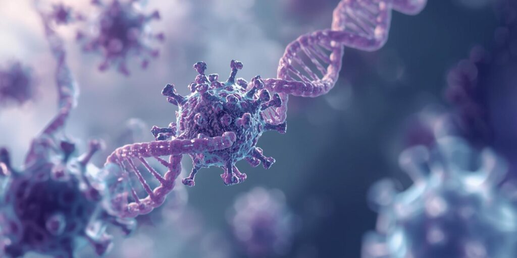 Ilustração científica mostrando mutações genéticas em vírus