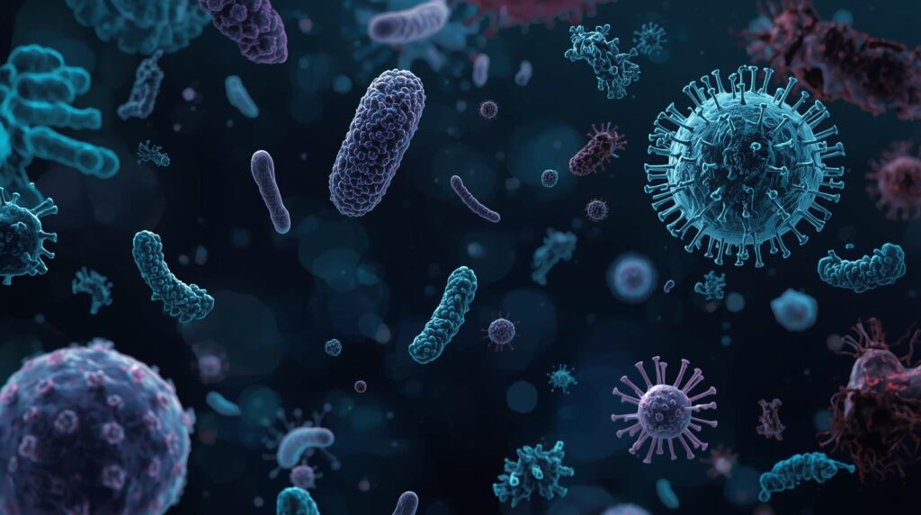 Ilustração científica de microrganismos representando o universo invisível estudado pela microbiologia