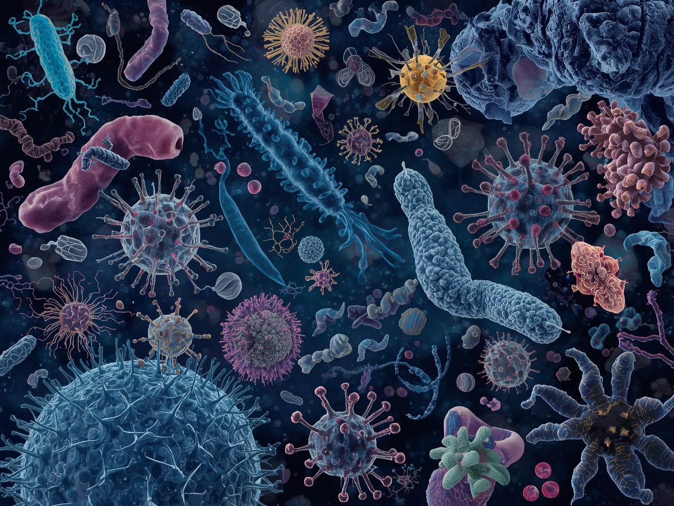 Representação científica dos principais tipos de microrganismos estudados pela microbiologia