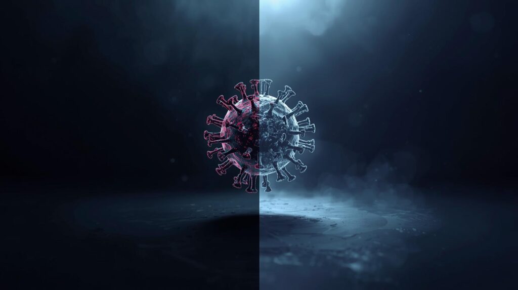 Ilustração científica mostrando vírus na fronteira entre o vivo e o não vivo