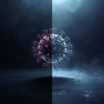 Ilustração científica mostrando vírus na fronteira entre o vivo e o não vivo