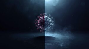 Ilustração científica mostrando vírus na fronteira entre o vivo e o não vivo