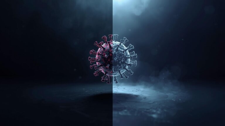 Ilustração científica mostrando vírus na fronteira entre o vivo e o não vivo