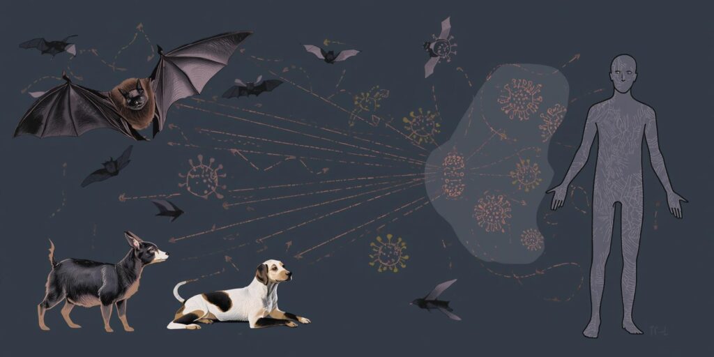 Representação científica da transmissão de doenças zoonóticas de animais para humanos