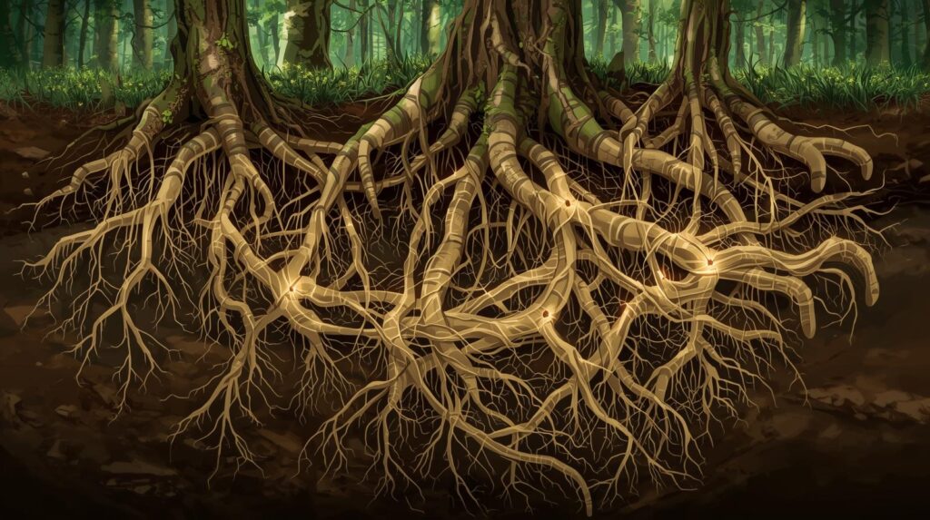 Rede de micélio conectando raízes de árvores no solo, ilustrando a internet das florestas formada por fungos