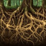 Rede de micélio conectando raízes de árvores no solo, ilustrando a internet das florestas formada por fungos