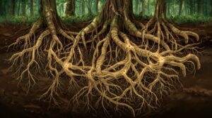 Rede de micélio conectando raízes de árvores no solo, ilustrando a internet das florestas formada por fungos