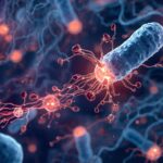 Ilustração científica da comunicação bacteriana por quorum sensing