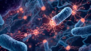 Ilustração científica da comunicação bacteriana por quorum sensing