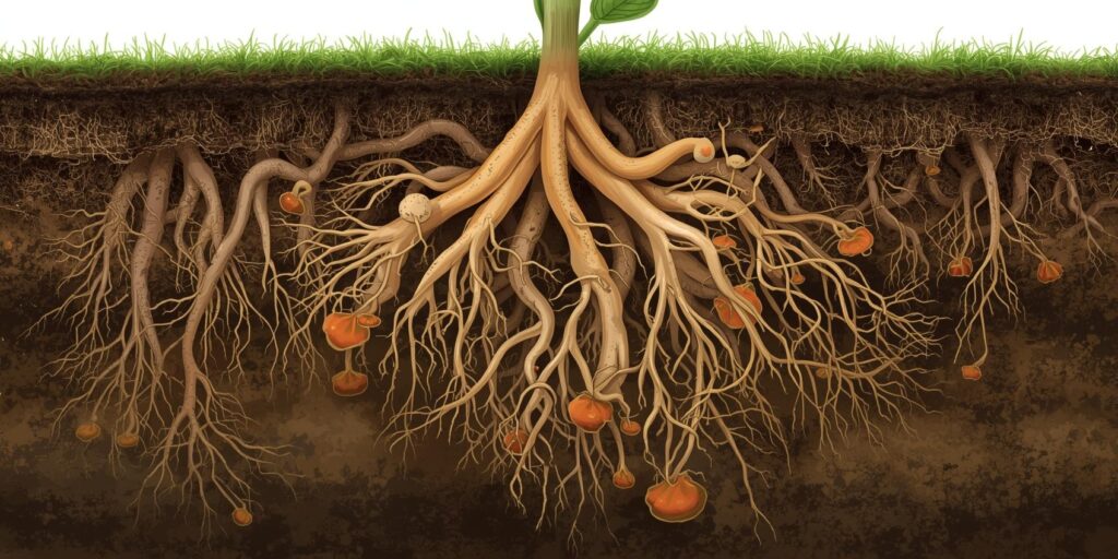 Associação micorrízica entre fungos e raízes de plantas, mostrando a troca de nutrientes no solo